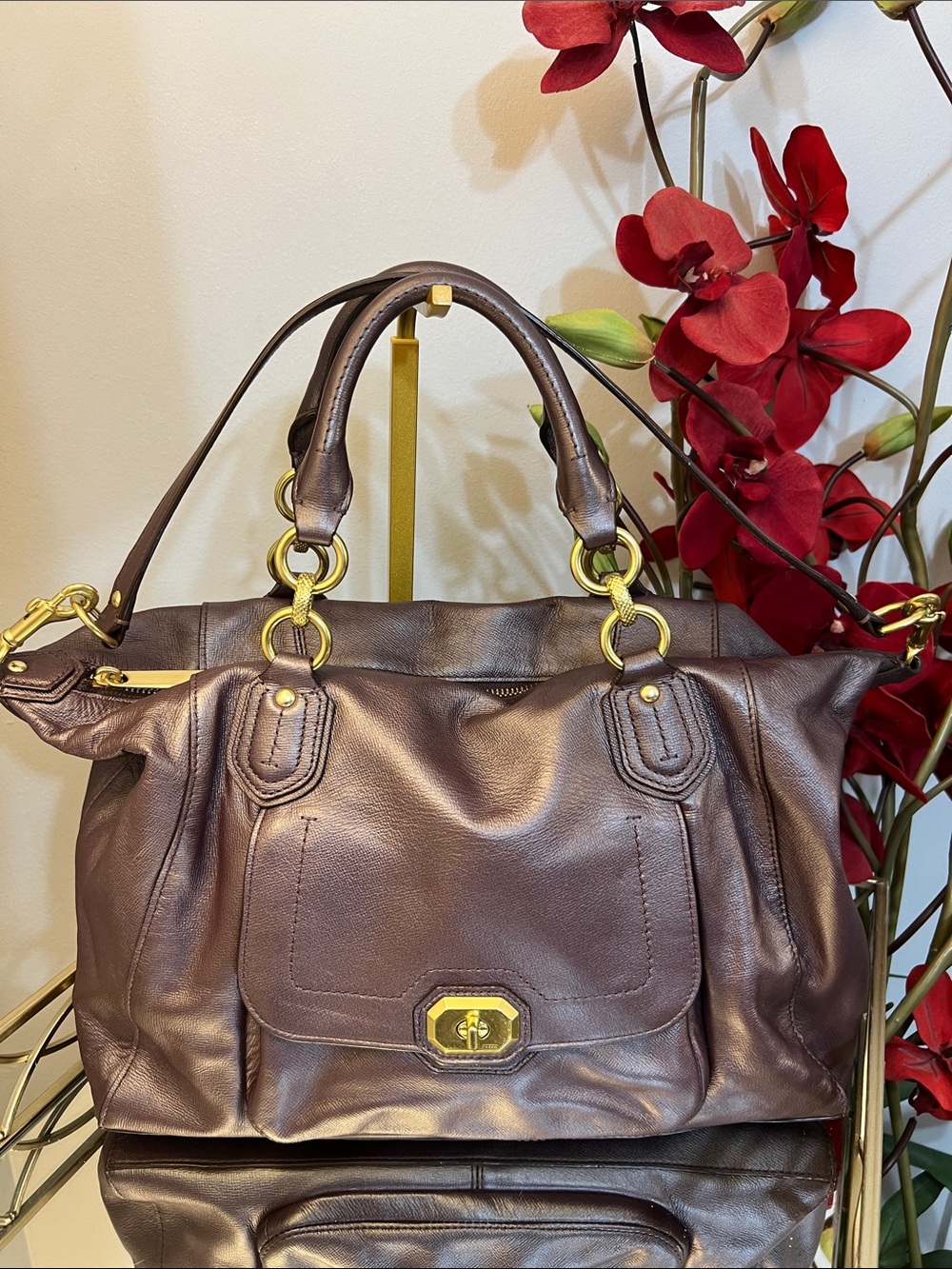 COACH Campbell Turnlock Satchel Metallic Plum Leather F25508